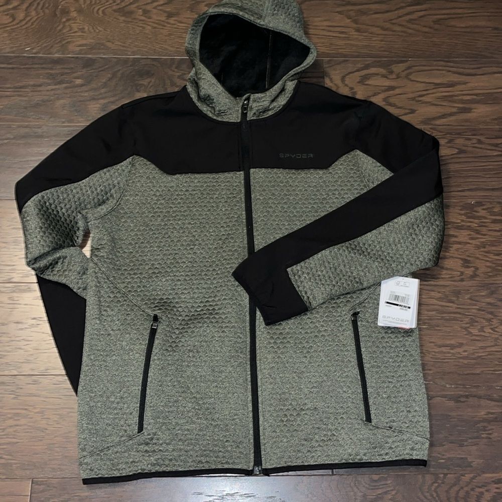 Olive Black Mens Spyder Fleece Zipper High Neck Hooded Hoodie Sweatshirt Jacket